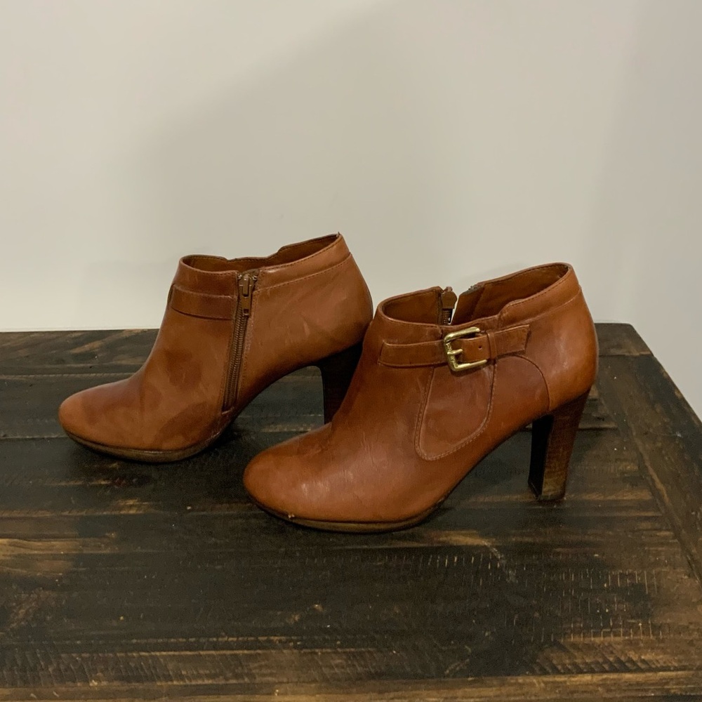 Lauren Ralph Lauren Maleah Brown Leather Stacked Heel Ankle Boot Size 8.5